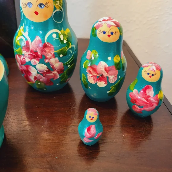 Floral Teal Nesting Dolls Set - Picture 5 of 6